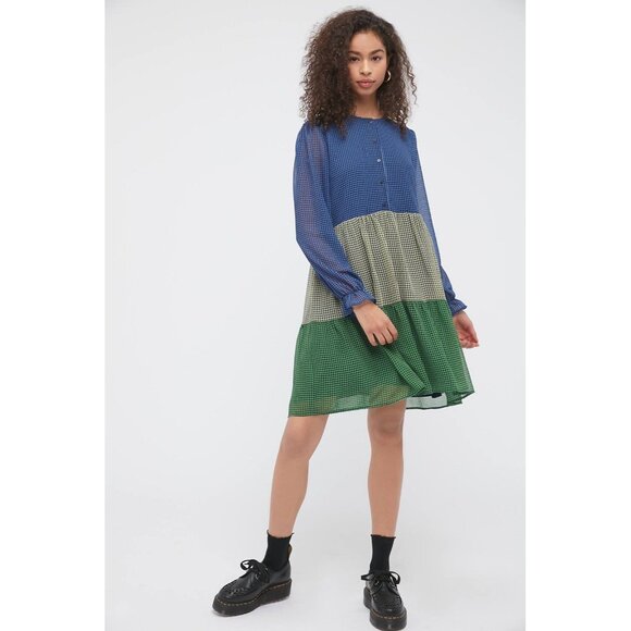 Resume Colorblock Gingham Dress Size 40 Med/LG Tiered Frock Long Sleeves Sophia - Picture 10 of 12